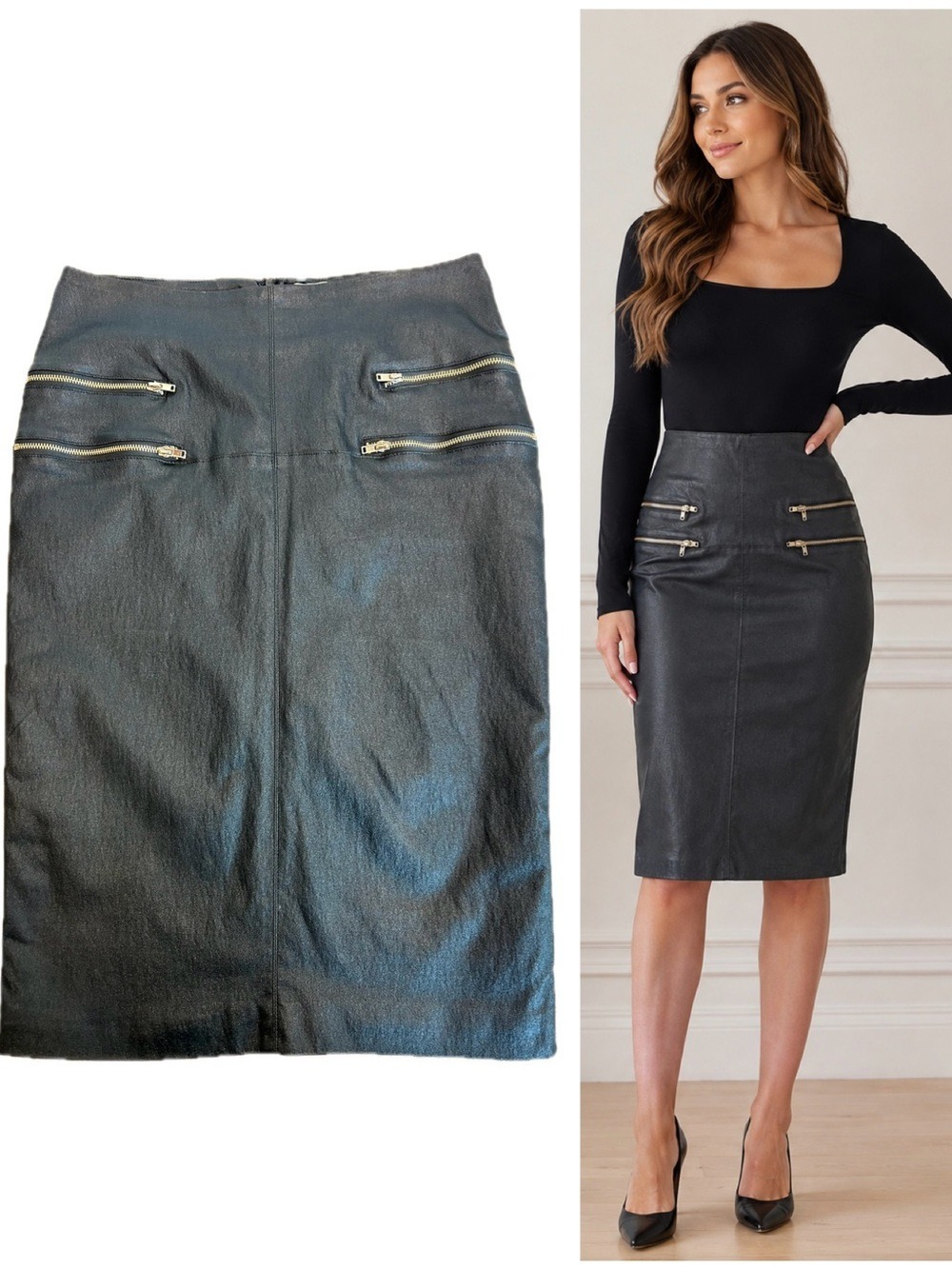 Mustard Seed Black Coated Pencil Skirt Gold Zipper Detail Sz L faux leather